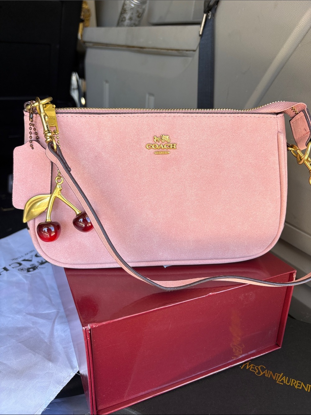 Coach Pink Suede Crossbody with Gold Cherry Charm